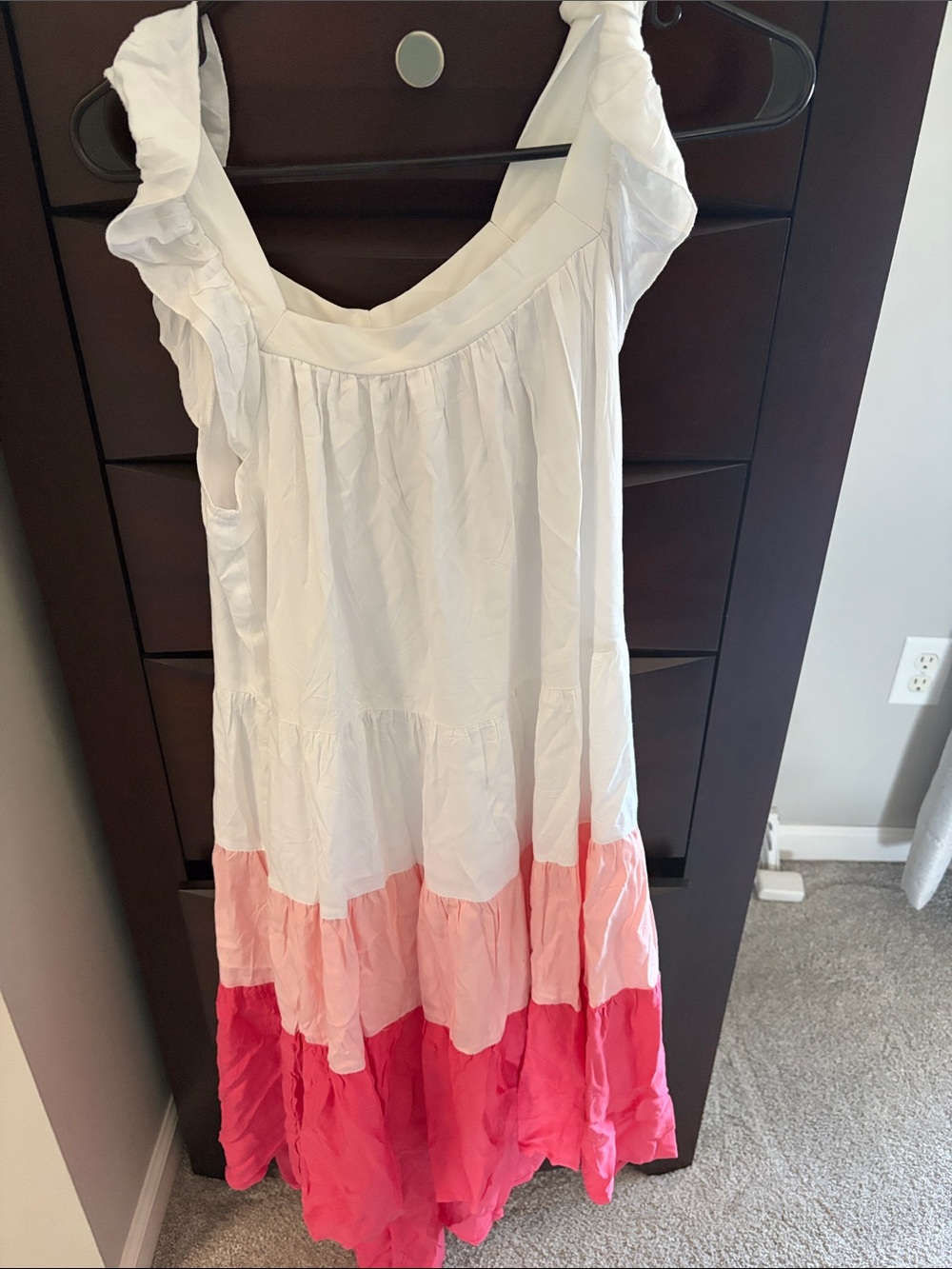 Tiered Ruffle Strap High-Low Dress - White with Pink Ombre